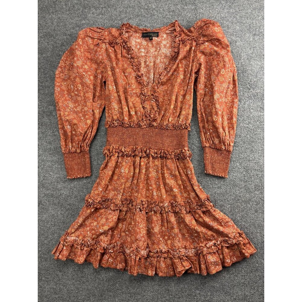 House Of Harlow 1960 Dress Womens XS Orange Floral Ruffle Puff Sleeve Mini Boho